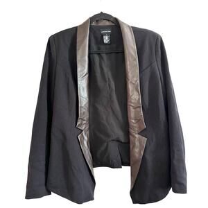 CENTRAL PARK WEST Black Blazer with Brown Faux Vegan Leather Trim Lapel - Small
